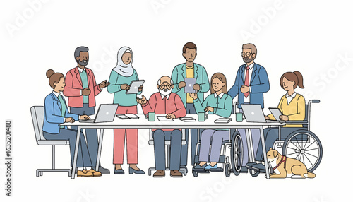 A diverse and inclusive group of professionals collaborating in a modern office meeting, representing teamwork and accessibility
