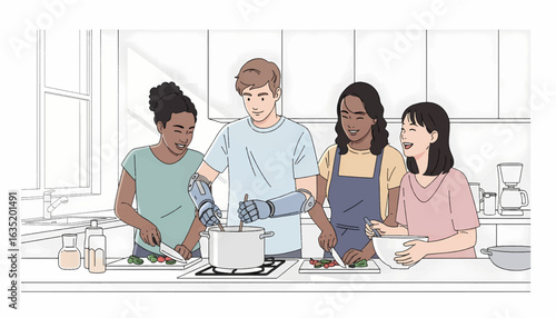 Young diverse friends with prosthetic limbs joyfully preparing a meal, a concept of modern inclusive living and assistive technology
