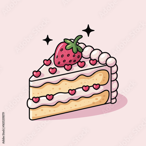 Kawaii strawberry cake slice with hearts and cream dessert