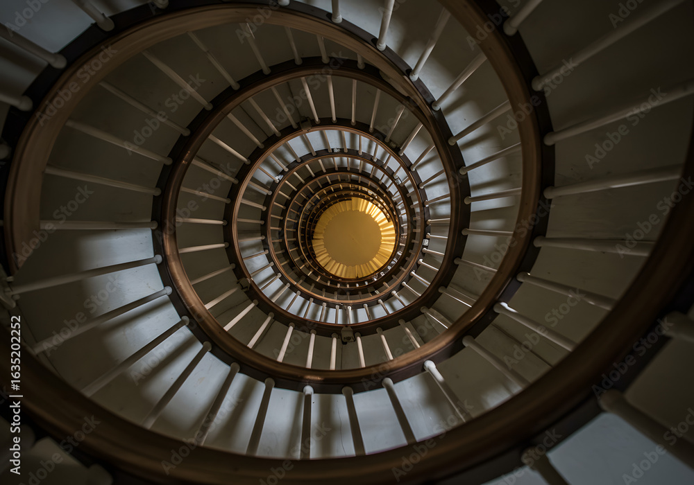 Obraz premium A low-angle view of a spiral staircase with white steps and a wooden railing, leading upwards to a bright light.