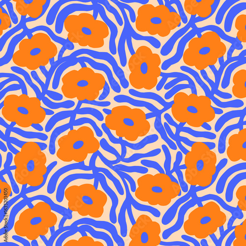 seamless blue floral pattern, hand drawing abstract flowers illustration