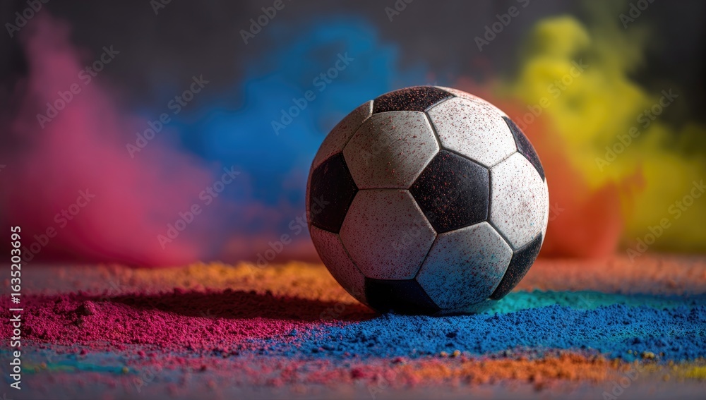 Fototapeta premium Soccer ball in colorful powder, studio shot, vibrant background, sports advertising