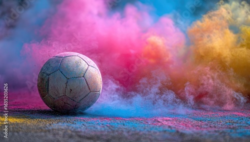 Colorful powder explosion, soccer ball, ground, celebration