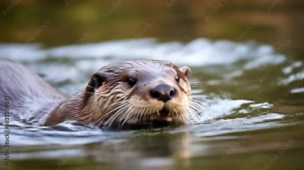 Curious River Otter Swimming Towards Camera with CloseUp Shot in Natural Habitat. Curious River Otter Swimming Towards Camera with CloseUp Shot in Natural Habitat.