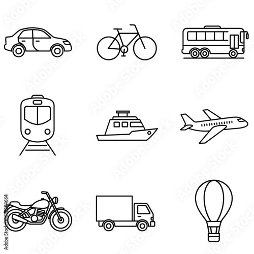 Transportation Icon Set (Line Art). Set of Line Art Icons Themed Around Transportation and Vehicles like a Car, Train, Plane, and Hot Air Balloon. Transport, Vehicle, Travel, Shipping, Mobility.
