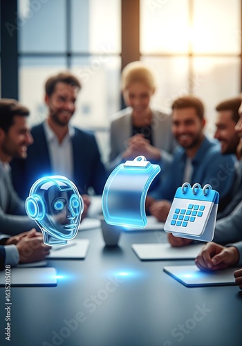 Modern business team collaborating with AI and holographic workflow solutions