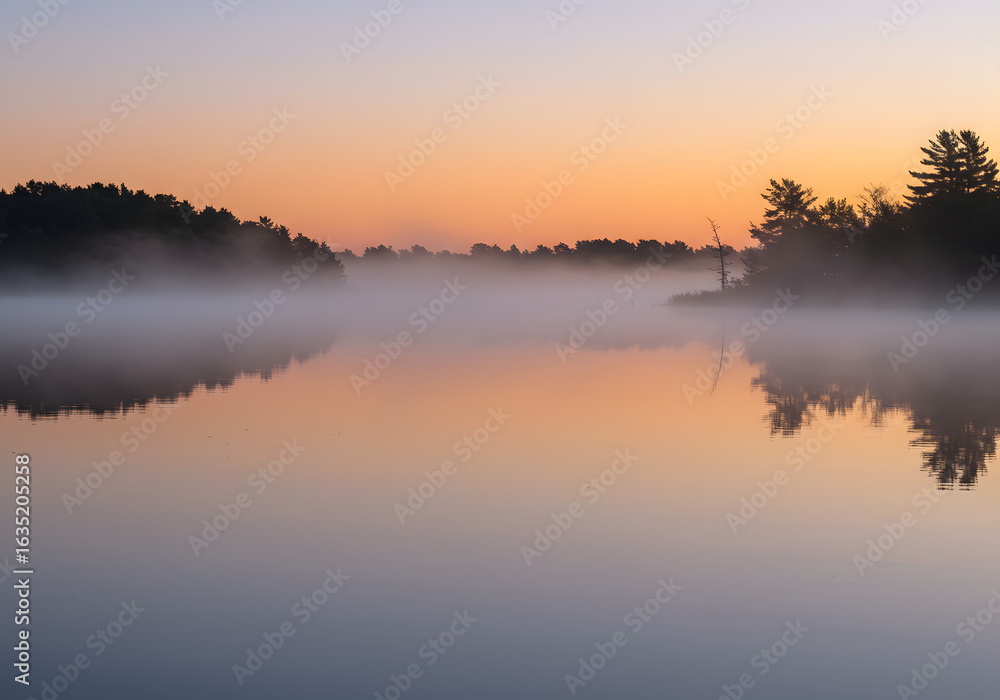 Fototapeta premium Serene sunrise mist shrouds a tranquil lake, reflecting the pastel dawn sky and silhouetted trees.