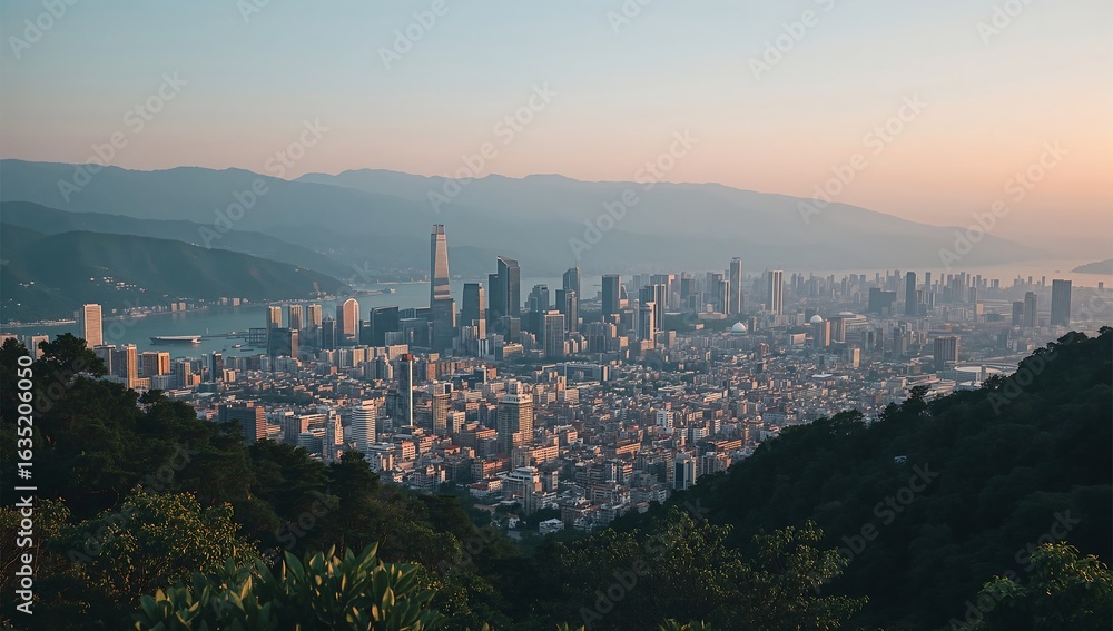 Fototapeta premium Photo of panoramic view of taipei city skyline at sunset with mountains in the background offering a captivating urban landscape