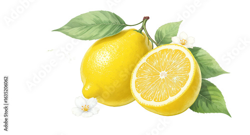 Juicy Lemons with Blossoms Fresh Citrus Fruit Illustration