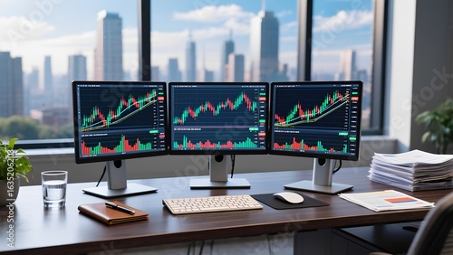 Triple Monitor Trading Desk Setup with Stock Market Charts in Modern Office