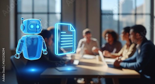 Holographic AI Robot and Data Document Symbolizing Future Business Automation