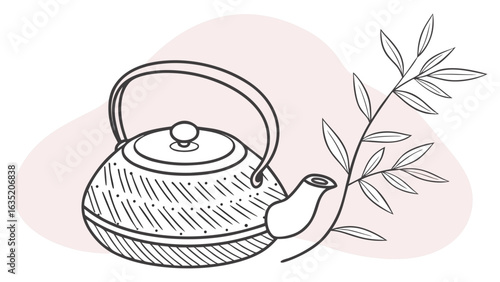 Delicate line art teapot with bamboo cast iron illustration