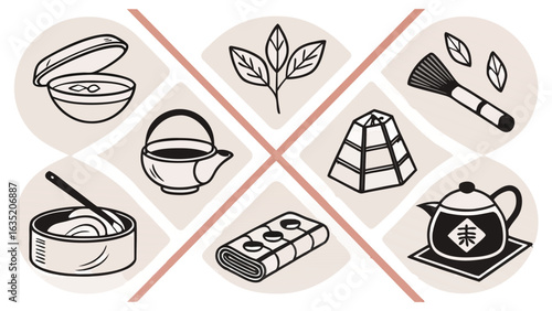 Japanese tea ceremony icons with traditional utensils