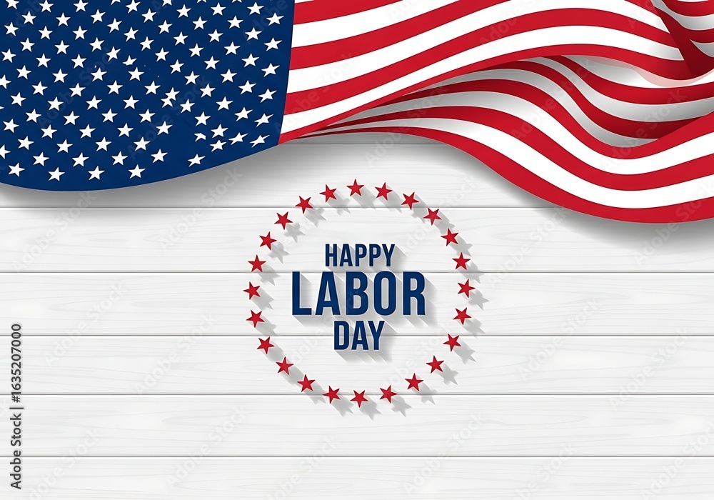 Obraz premium Waving american flag and festive happy labor day emblem on a rustic white wooden surface