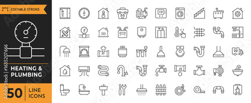 Heating & Plumbing line editable icon set. Containing  pipe, plumber, faucet, radiator, boiler, service, boiler,  valve, and more. editable stroke. Vector illustration