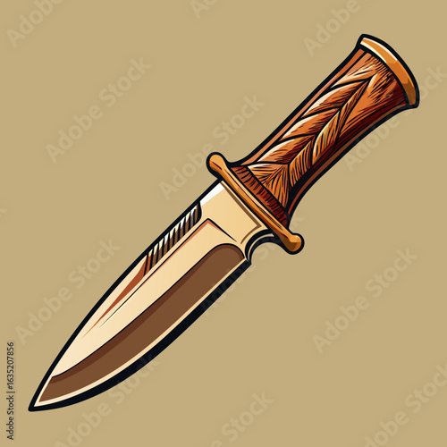Detailed illustration of a polished metal dagger with a carved wooden handle on a neutral background