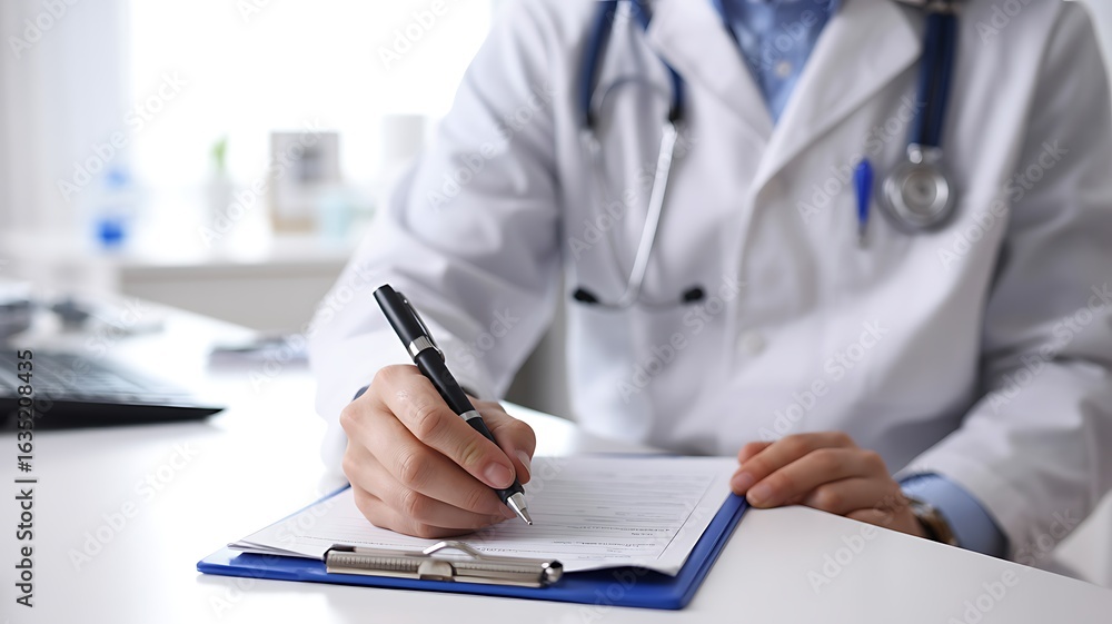 Fototapeta premium Doctor writing on a clipboard in a medical office setting healthcare professional at work paperwork and medical records