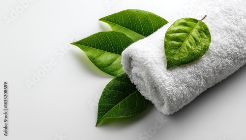 Spa towel, leaves, wellness, white background, relaxation, advertising