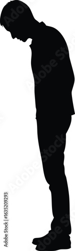 Silhouette of a person looking down with a somber, defeated posture, representing sadness, guilt, or loss, symbolizing deep introspection