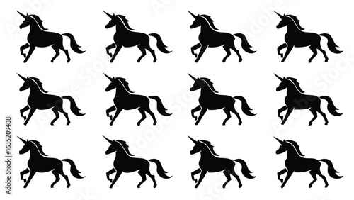 Black unicorn silhouettes prancing white background