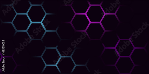 Dark hexagon abstract technology background with blue and pink colored bright flashes under hexagon. Hexagonal gaming vector abstract tech background.