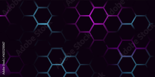 Dark hexagon abstract technology background with blue and pink colored bright flashes under hexagon. Hexagonal gaming vector abstract tech background.