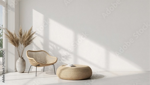 Photo of bright minimalist interior with natural light casting shadows on a white wall and straw furniture