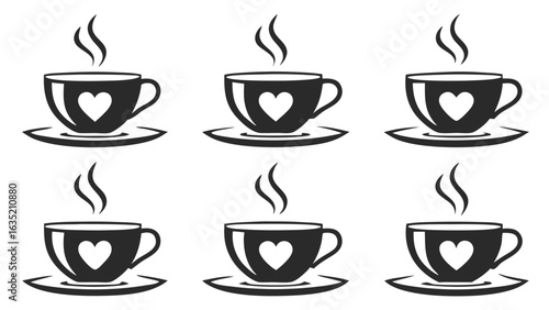 Six steaming coffee cups with hearts saucer