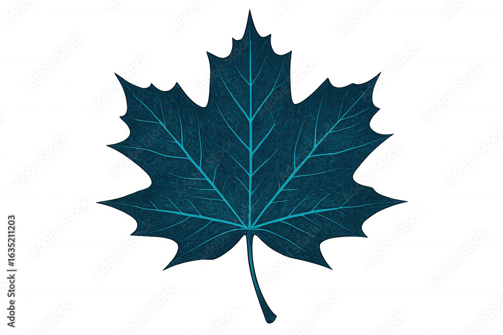 Fototapeta premium Vibrant blue maple leaf glowing with detailed veins, rendered with precision against transparent backdrop