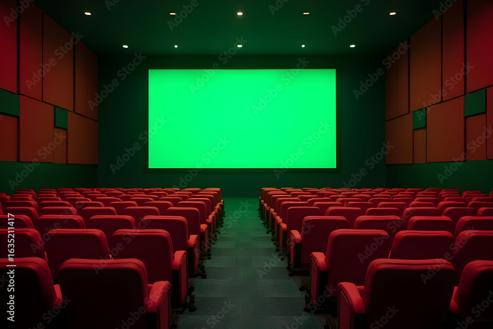 Fototapeta premium Empty Movie Theater with Green Screen Ready for Film Projection