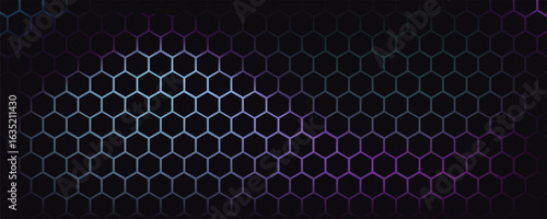 Dark hexagon abstract technology background with blue and pink colored bright flashes under hexagon. Hexagonal gaming vector abstract tech background.