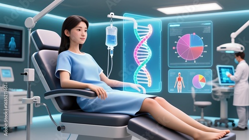Female Patient in Futuristic Hospital Receiving IV Therapy with DNA Hologram and Medical Data Display