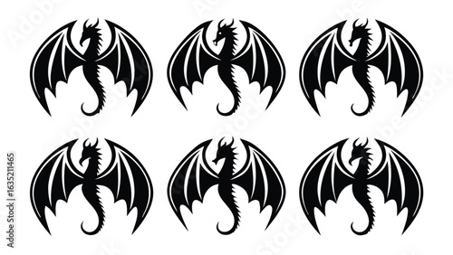 Black dragon silhouettes with spread wings mythical creature