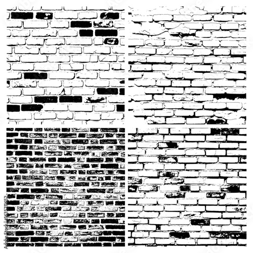 Four Variations of Distressed Brick Wall Texture in Black and White