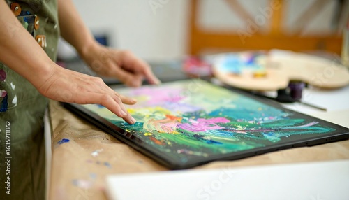 Wallpaper Mural A person's hands engaging with a digital tablet, creating or viewing a vibrant, expressive abstract artwork, combining art and modern technology. Torontodigital.ca