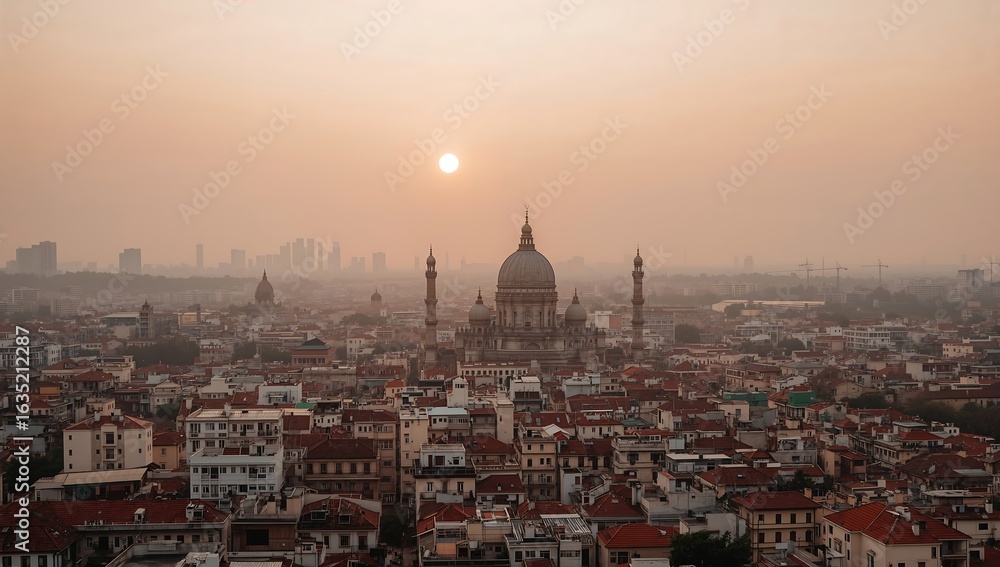 Fototapeta premium Photo of aerial view of venice italy at sunrise with the sun shining over the cityscape and historic buildings in the distance