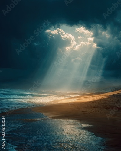 Sunbeams pierce storm clouds over ocean beach