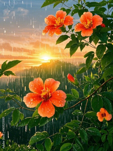 flowers in the morning with its dense and lush leaves of the Tecoma Stans tree against the backdrop of the rising sun sway when the water droplets sprayed on them.