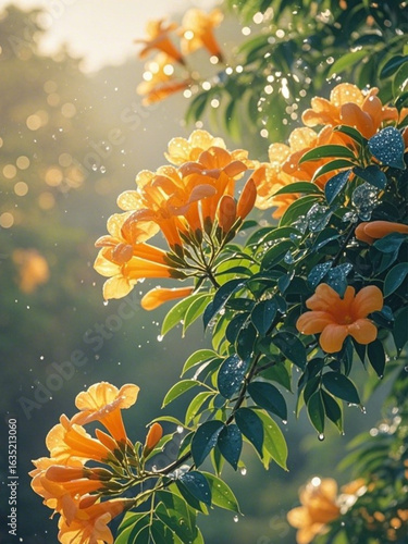 The dense flowers and lush leaves of the Tecoma Stans tree against the backdrop of the rising sun sway when the water droplets sprayed on them.