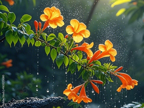 The dense flowers and lush leaves of the Tecoma Stans tree against the backdrop of the rising sun sway when the water droplets sprayed on them.