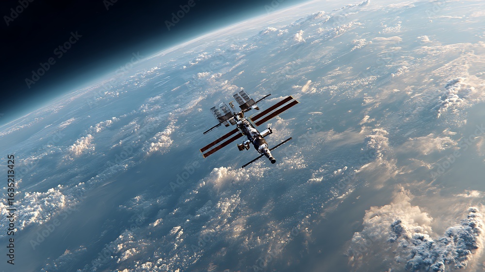 Fototapeta premium Space Station Orbiting Earth with Cloudscape View From Above