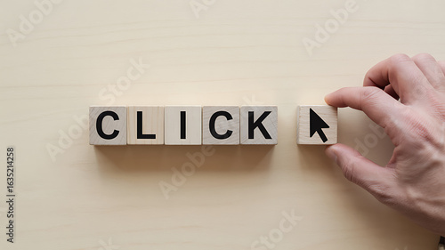 Hand placing a wooden block with a cursor icon next to the word click on a neutral background