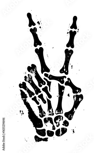 Silhouette of a Skeletal Hand Giving the Peace Sign with Grunge Texture