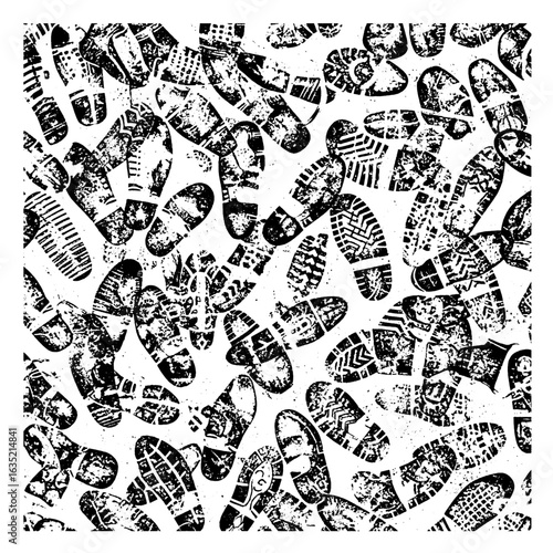 Footprint Chaos: Black and White Abstract Pattern of Shoe Sole Marks