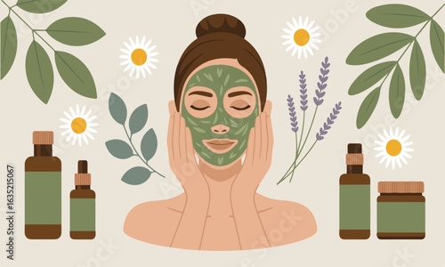 Natural Skincare Vector Illustration – Woman with Facial Mask and Organic Beauty Elements