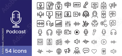 Podcast and audio icon set for media broadcast, with microphone, sound, streaming, and radio symbols.

