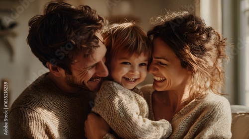 Warm family moment of child hugging both parents with smiles in sunlit living room