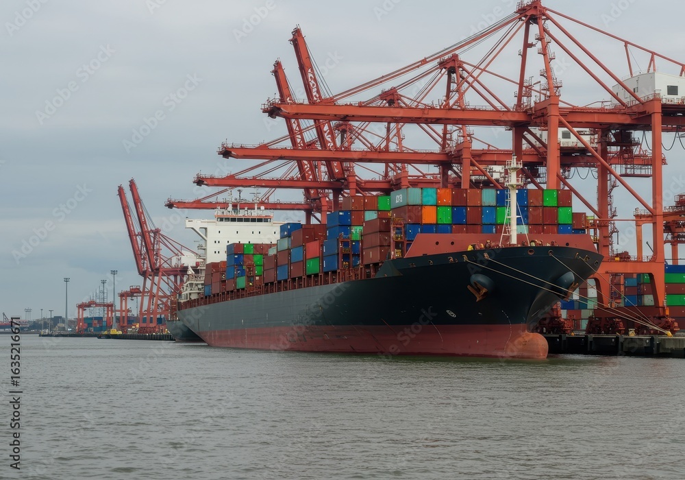 Fototapeta premium Large cargo ship with containers at a busy port with cranes