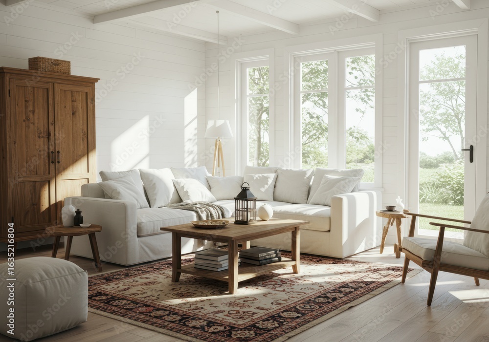 Fototapeta premium Bright living room with comfortable sofa and large windows