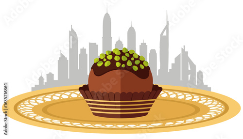 Fancy pistachio Chocolate Truffle with a Dubai Cityscape
